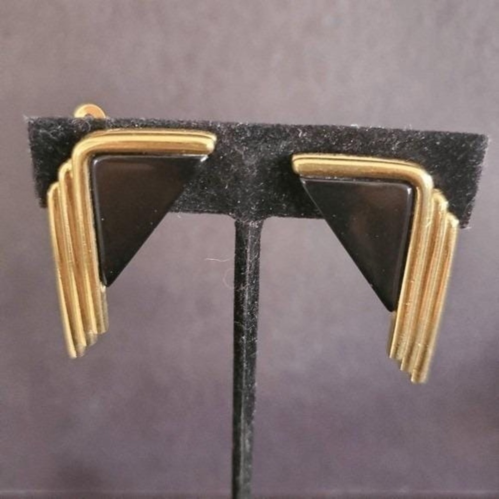 Givenchy Vintage Gold Tone Black Geometric Clip On Earrings Art Deco Retro 80's